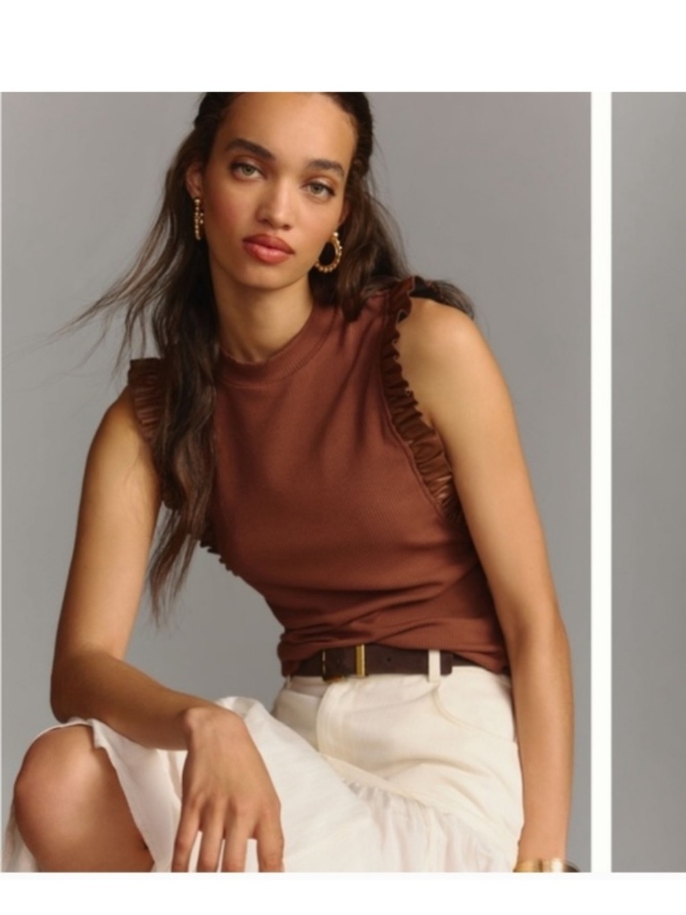 SUNDAY'S IN BROOKLYN Stretchy Brown Ribbed Faux Leather Ruffle Trim‎ Top Size XL